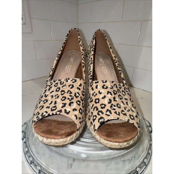 Toms Women Size 8 Michelle Cheetah Print Stacked Heel Slip On Wedge Peep Toe - Picture 2 of 14